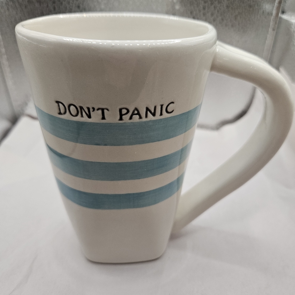 Pier 1 "Don't Panic" Striped Blue and White Mug